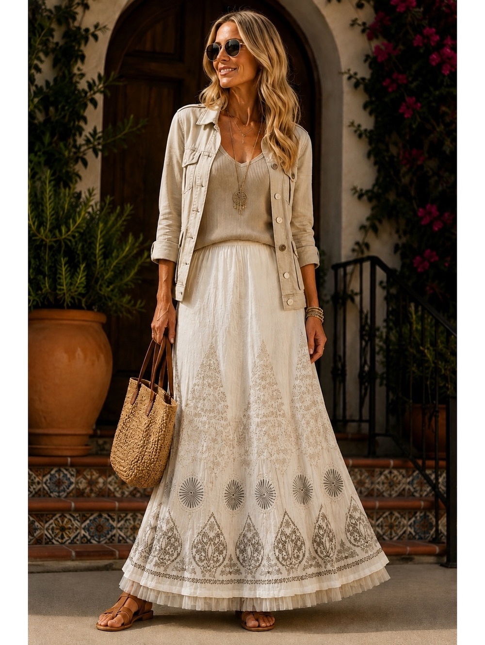 Peter Nygard Embroidered Cotton Tulle Hem Boho Maxi Skirt Ivory Size 4